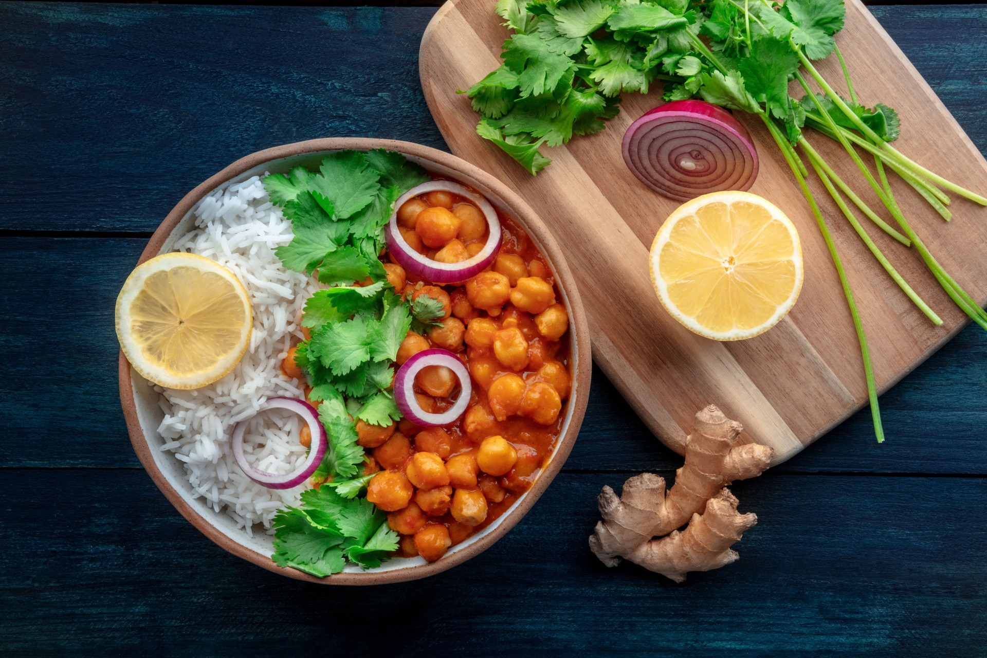 Chana masala, chickpea curry, traditional Indian dish, overhead flat lay shot